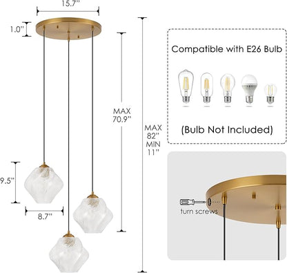 3-Light Cluster Pendant Lights, Mid Century Modern Cluster Chandelier with Ribbed Glass, Brass Gold Pendant Lighting for High Ceiling, Kitchen Island, Staircase, Dining Room, Living Room