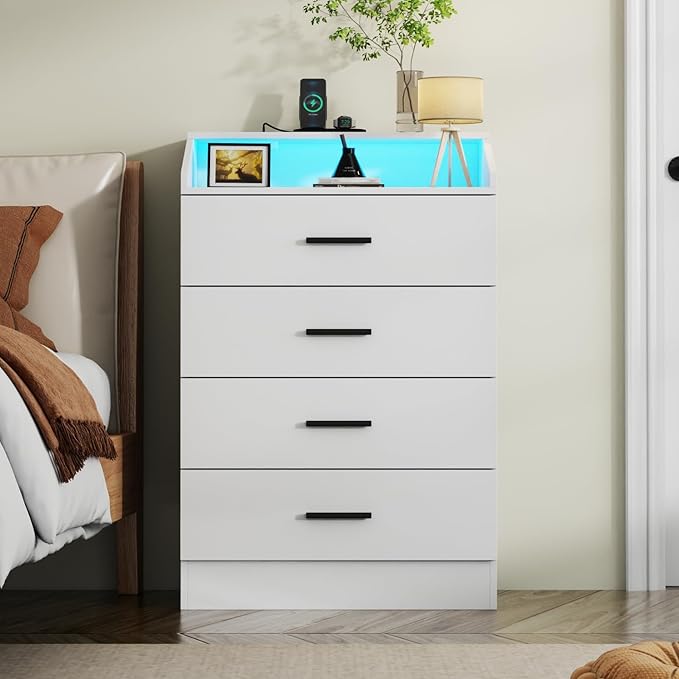 4 Drawers Dresser with Power Outlet, Chest of Drawers with LED Light, White Dresser Organizer with Open Storage Cubby, Modern Nightshatnd for Bedroom, Living Room, Entryway, Hallway