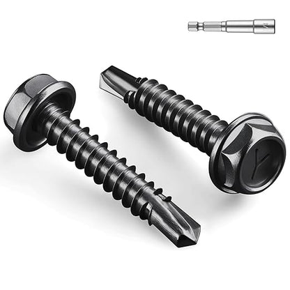 #8 x 1-1/4 Inch Self Drilling Screws, (306pcs) 2 lbs Black Self Tapping Screws for Metal, 410 Stainless Steel Hex Washer Head Sheet Metal Screw