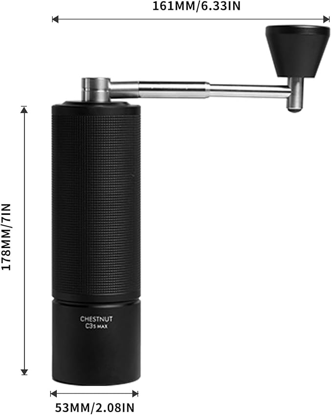 TIMEMORE Manual Coffee Grinder Chestnut C3S Max Capacity 30g with CNC Stainless Steel Conical Burr, Internal Adjustable Setting, Double Bearing Positioning for Home/Travel/Camping - Black