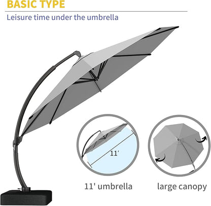 Kingdura 11ft Offset Cantilever Patio Umbrella with Base Included, Large Round Aluminum Outdoor Umbrella, 360° Rotation & Infinite Tilt, Heavy Duty Frame for Deck Pool Backyard, Light grey