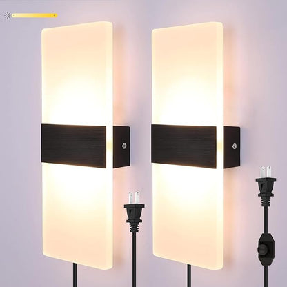 Lightess Plug in Wall Sconces Set of 2, Wall Lamp Plug in with 10%-100% Stepless Dimmable, 12W Acrylic LED Wall Lights for Bedroom Living Room