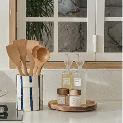 JIEMEI HOME Kitchen Utensil Holder, 7.2" Ceramic Stable Utensil Crock for Countertop, Modern Minimalism Style Cooking Tool Organizer with Cork Mat, Spatula Holder For Kitchen Decor, Blue stripes