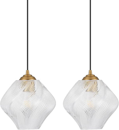 Glass Pendant Light Fixtures, Mid Century Modern Ceiling Hanging Lights with Height Adjustable, Brass Gold Pendant Lighting for Kitchen Island, Hallway, Dining Room, Bedroom (2 Pack)