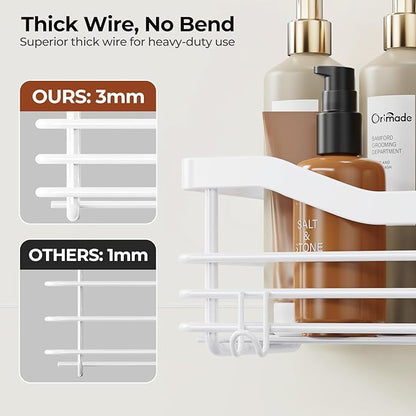 Orimade Shower Caddy Basket Shelf Storage Rack, No Drilling Wall Mounted Adhesive Rust Proof Stainless Steel Shower Organizer with 5 Hooks for Bathroom, White 2 Pack