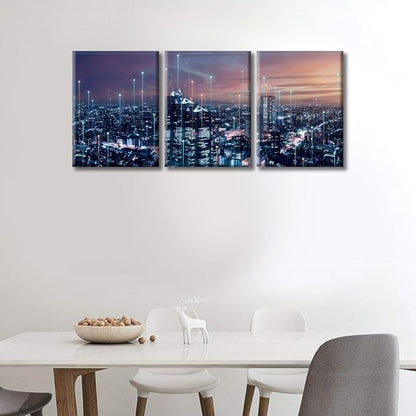 TUMOVO Modern City with Wireless Network Connection Wall Art Canvas Print 3 Pieces CPU Concept Artwork Wall Decor for Bedroom Technology Science Paintings Wall Art Framed Ready to Hang (36" Wx16 H)