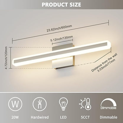 JUSHENG Brushed Nickel Vanity Lights for Bathroom, 5CCT Dimmable Vanity Light Bar, Modern LED Bathroom Lighting Fixtures Above Mirror 24'' Inch 20W