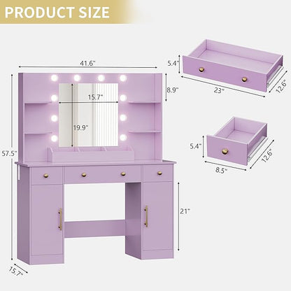 Vanity Desk with Mirror and Lights, 43'' Makeup Dressing Table Set with 5 Drawers & Power Outlet, 3 Lighting Modes Brightness Adjustable, Vanity with RGB Ambient Light for Women Girls Bedroom, Purple