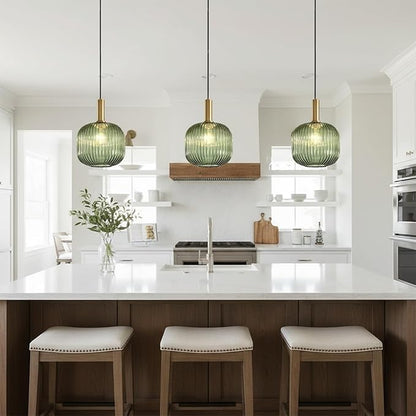 Green Glass Plug in Pendant Light 9.8" Vintage Gold Brass Hanging Lamp with On/Off Switch Mid Century Modern Plug in Hanging Light for Kitchen Dining Room Living Room Bedroom