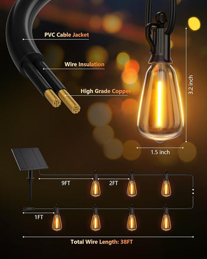 Brightown 38FT Solar String Lights Outdoor Waterproof with Remote, 15+1 LED Shatterproof Bulbs, Dimmable & Timable, 3 Light Modes - Commercial Grade Patio Lights for Garden Backyard Party Decor