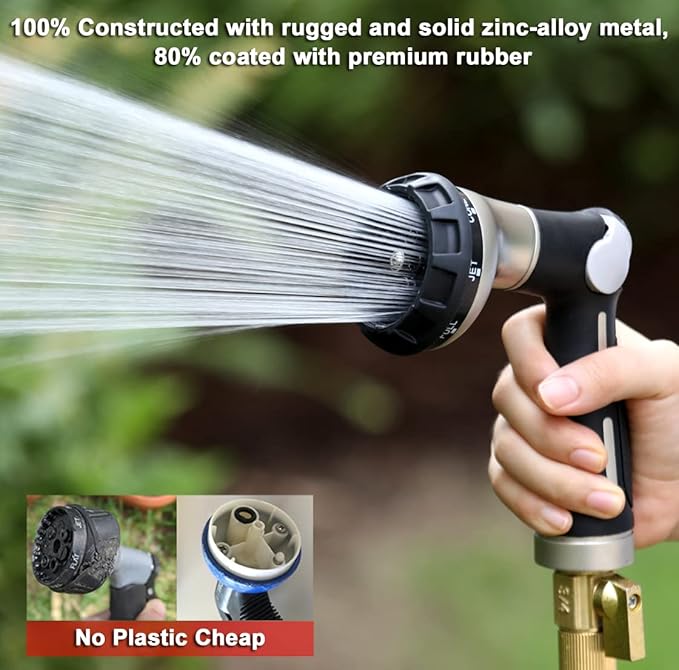 ESOW Garden Hose Nozzle 100% Heavy Duty Metal, Water Hose Sprayer with 8 Watering Patterns, Thumb Control On Off Valve, High Pressure Nozzle Sprayer for Watering Plants, Car and Pet Washing, Black