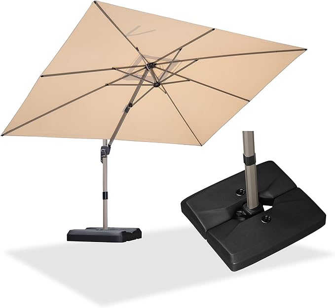 PURPLE LEAF 9' x 11' Patio Umbrella with Base Cantilever Umbrella Rectangular Outdoor Offset Umbrella with Champagne Frame and 360° Rotation for Garden Deck Pool, Beige