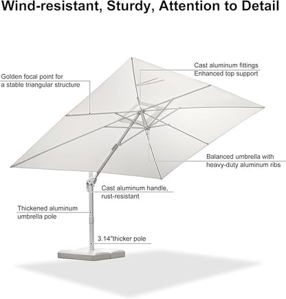 PURPLE LEAF 9' × 11.5' Patio Umbrella White Cantilever Umbrella Aluminum Square Outdoor Offset Umbrella Hanging Windproof with 360° Rotation for Garden Deck Pool, White