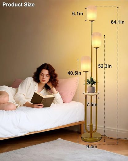 Lightdot Dimmable Floor Lamp with Shelf, Modern Gold Tall Floor Lamps with Oval Striped Lampshade for Wedding/Party, 3000K Bulb Included 3-Lights Standing Lamp for Living Room/Sofa Beside/Corner Decor