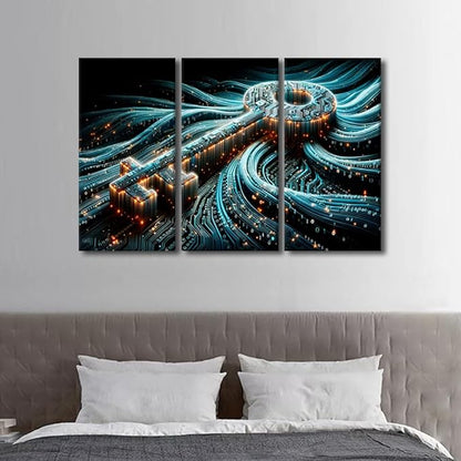 TUMOVO 3 Panel Bedroom Wall Art Cyber Security Concept with Key on Circuit Board Pictures Posters, Modern Art for Home Hotel Office Wall Decoration, Stretched Framed Ready to Hang, 42" Wx28 H
