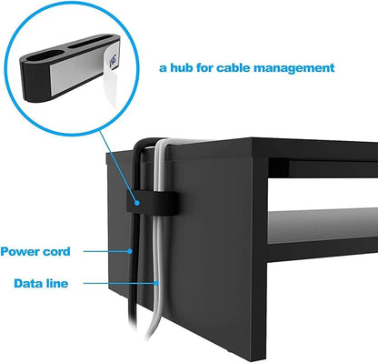 BONTEC Wood Monitor Stand Riser, 2-Tier Desktop Organizer with Storage, Ergonomic Computer Stand for Desk, Cable Management, Cellphone Holder, 21.3 Inch Shelf, Black