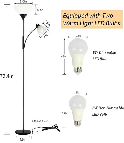 Floor Lamp, Dimmable Standing lamp, Stepless Dimming Brightness, Included 9W and 5W LED Bulbs, Industrial Floor Lamp for Living Room, Bedroom, Office, Reading