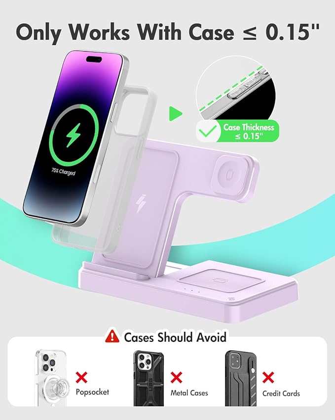 Wireless Charger Stand Charging Station: 3 in 1 Charger Multiple Devices for Apple iPhone 17 16e 16 15 14 Pro Max 13 12 11 for Watch 11 10 9 8 7 6 5 4 3 2 SE and Ultra & Airpods Series, Light Violet