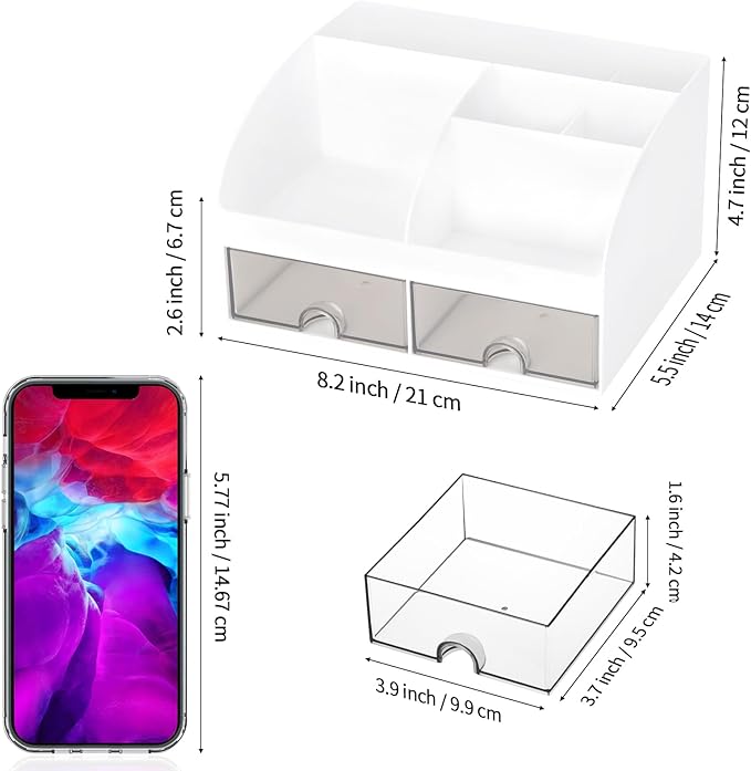 Office Desk Organizer with Drawers for Desktop/Tabletop/Counter, Desk Top Accessories Stationary Organizer Desk Caddy, Pen/Pencil/Business Card/Sticky Note Tray/Paperclip Holder Storage Box (White)