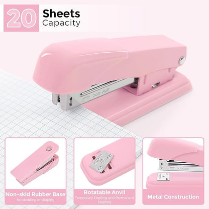 SKYDUE Pink Office Desk Accessories, Pink Office Supplies, Stapler, Tape Dispenser, Scissors, Clips and 1000pcs Staples,Office Supplies for Desk for Women