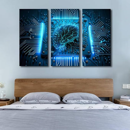 TUMOVO Wall Art for Living Room Artificial Intelligence Posters and Prints 3 Panel Computer Processor Canvas Print Kit for Home Wall Decoration, Modern Artwork Framed Ready to Hang, 60" Wx40 H