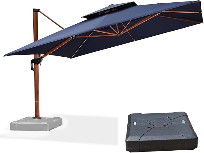 PURPLE LEAF 12ft Patio Umbrella with Base Outdoor Square Umbrellas Large Cantilever Umbrella Windproof Offset Umbrellas Heavy Duty Sun Umbrella for Garden Deck Pool Patio, Navy Blue