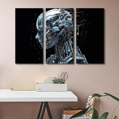 TUMOVO Wall Art for Living Room Female Robot Face Pictures Print on Canvas, Artificial Intelligence Wall Decor 3 Piece Modern Canvas Wall Decoration Giclee Artwork Giclee Ready to Hang, 60" Wx40 H