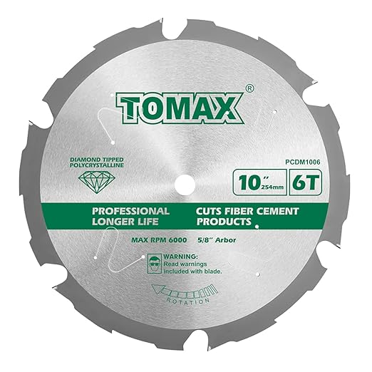 TOMAX PCDM10 Inch 6 Tooth Polycrystalline Diamond Tipped (PCD) Hardie Fiber Cement Saw Blade with 5/8-Inch Arbor