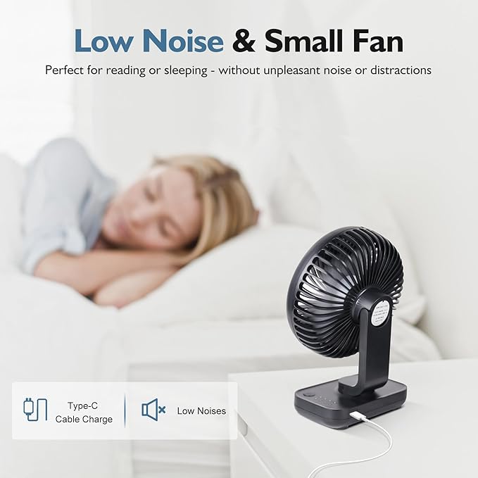 CONBOLA Small Desk Fan for Bedroom, 3600mAh Battery Powered Rechargeable Fan, USB Fan for Desk, 4 Speeds Air Circulator Quiet Table Fan for Home Office, Blue