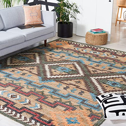 SAFAVIEH Area Rug 8x10 - Kilim Collection - Large - Natural & Blue, Handmade Flat Weave Jute, Ideal for Living Room, Bedroom, Office, Dining Space (KLM760M) - size: 8' x 10' (Rectangular)