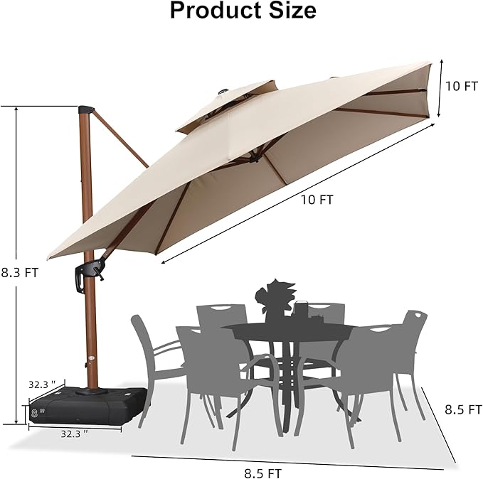 PURPLE LEAF 10ft Patio Umbrella with Base Outdoor Square Umbrella Large Cantilever Umbrellas Windproof Offset Heavy Duty Sun Umbrellas for Garden Deck Pool Patio, Beige