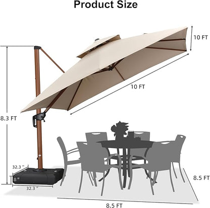 PURPLE LEAF 10ft Patio Umbrella with Base Outdoor Square Umbrella Large Cantilever Umbrellas Windproof Offset Heavy Duty Sun Umbrellas for Garden Deck Pool Patio, Beige