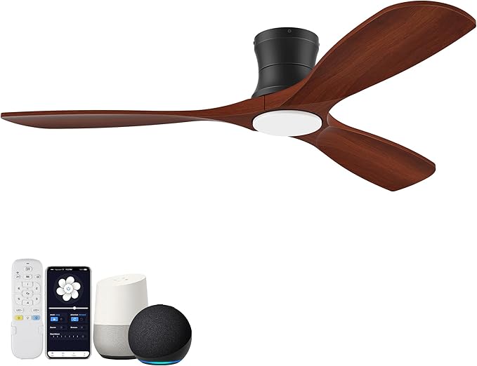 52” Smart Wood Flush Mount Ceiling Fans with Lights Remote,Quiet DC Motor,Outdoor Indoor Low Profile Ceiling Fan,Voice WIFI Alexa App Control,Dimmable,6-speed,for Modern Bedroom Patio