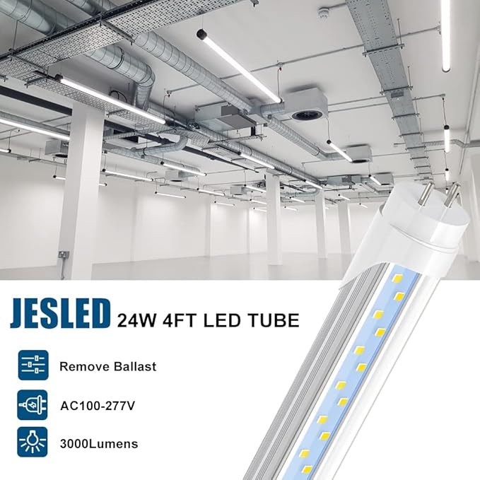 JESLED T8 LED 4FT Type A+B Light Bulbs, 24W(65W Equivalent), 3000LM, 5000K Dalight, Plug and Play or Ballast Bypass, 4 Foot LED Fluorescent Tube Replacement, ETL Listed, Dual-Ended, Clear(16-Pack)