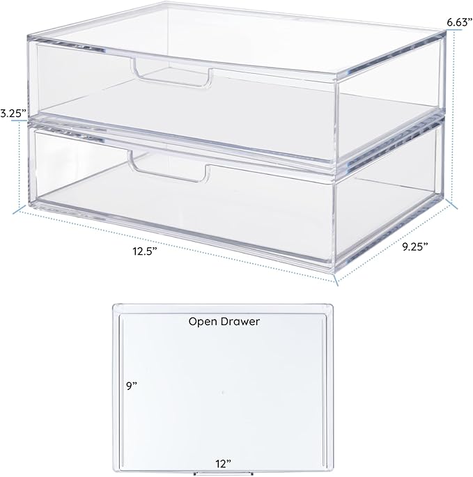 STORi STAX Plastic Stackable Organizer Drawers (Set of 2) Clear | 12.5" Wide | Set Includes Two Open Drawer | Organize Office Desk Accessories & Sort Paper | Made in USA