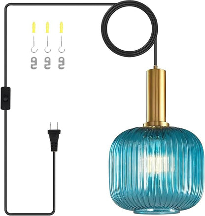 Boho Hanging Lamp, Blue Ribbed Glass Pendant Light with On/Off Switch, Coastal Style Plug in Hanging Light Adjustable Ceiling Lighting Fixture for Kitchen, Dining Room, Bedroom, Farmhouse