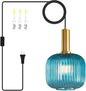 Boho Hanging Lamp, Blue Ribbed Glass Pendant Light with On/Off Switch, Coastal Style Plug in Hanging Light Adjustable Ceiling Lighting Fixture for Kitchen, Dining Room, Bedroom, Farmhouse