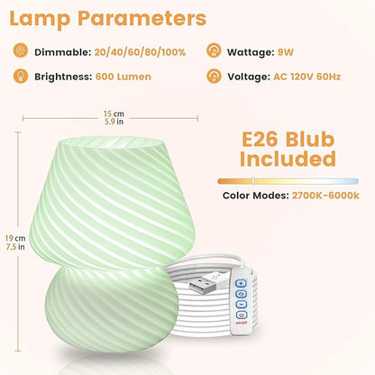 ULAROOM USB Plug-in Mushroom Lamp Small Bedside Table Lamp with 3 Temperature LED Bulb,Free Dimming Nights Light for Bedroom/Living Room/Entryway/Corner Decor (Stripe Green)