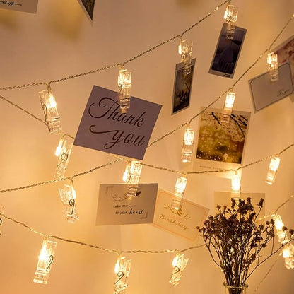 Dopheuor Photo Clip String Lights LED Fairy Clip String Lights Hanging Photo Pictures Battery Operated for Gifts Patio Christmas Bedroom Wedding Birthday Party Halloween Festival Decor (no Battery)