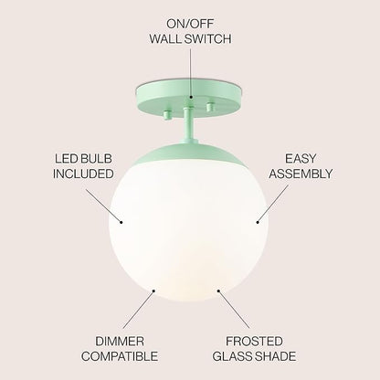 JONATHAN Y 7.75" Mint Green/White Modern Semi Flush Mount Ceiling Light, LED Fixture for Entryway, White Frosted Glass Globe Shade, Mid-Century Farmhouse Lighting for Bedroom Hallway (JYL7499E)
