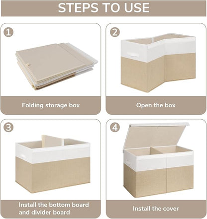 INDRESSME Large Toy Box with Lid, Collapsible Toy Storage Organizer Chest with Divider, Foldable Toy Bin for Kids Boys Girls Playroom Nursery Bedroom Living Room 25"x16"x13" (Beige & White)