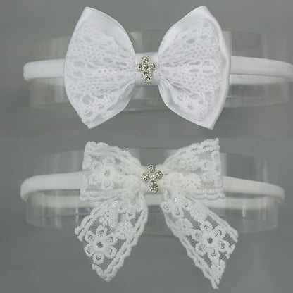Nihao Baby Off White Lace Bow Small Baptism Headband for Baby Girls -2 PCS