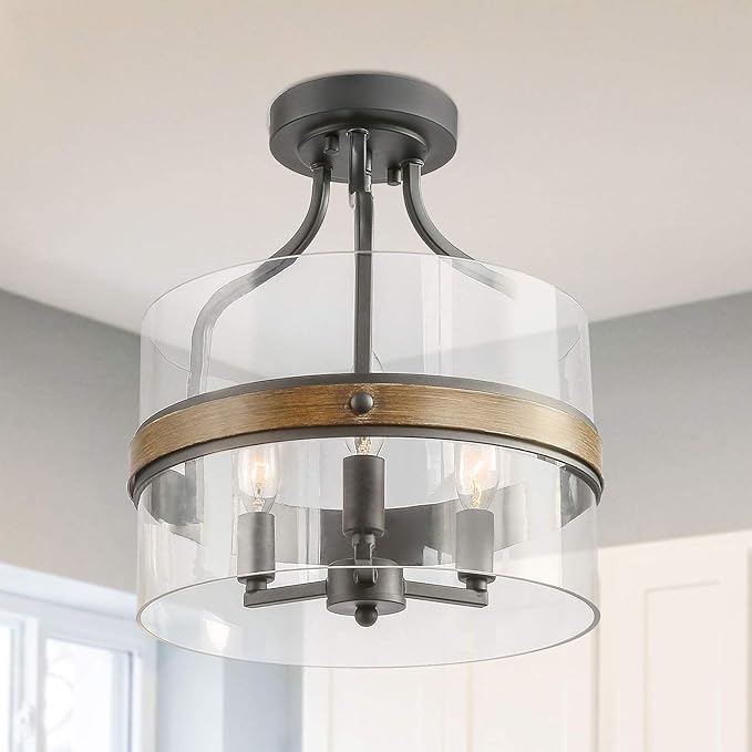 LALUZ Faux Wood Ring Ceiling Light Fixture, Modern Semi Flush Mount Ceiling Light, Farmhouse Drum Chandelier, 3 Lights, for Bathroom, Bedroom, Kitchen, Living Room, Dining Room
