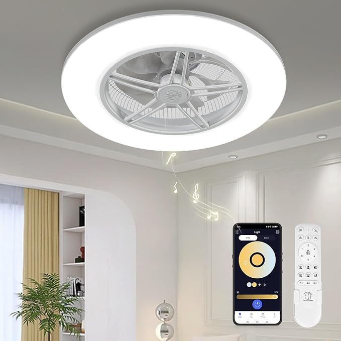 Low Profile Ceiling Fan with Light, Enclosed Bladeless Ceiling Fan, Bluetooth Speaker, 6 Speeds Reversible, Stepless Dimming, Smart Flush Mount Ceiling Light for Bedroom, Kids Room and Living Room 22"