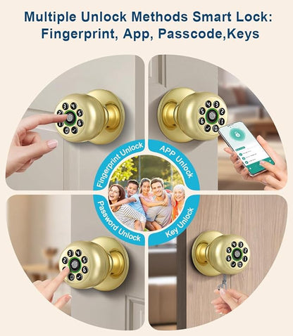 Fingerprint Door Lock, Smart Fingerprint Door Knob with Keypad, Biometric Door Lock with App Control, Auto Lock Door Lock with Code, Keyless Door Knob with Lock for Bedroom, Home,Office-Brass
