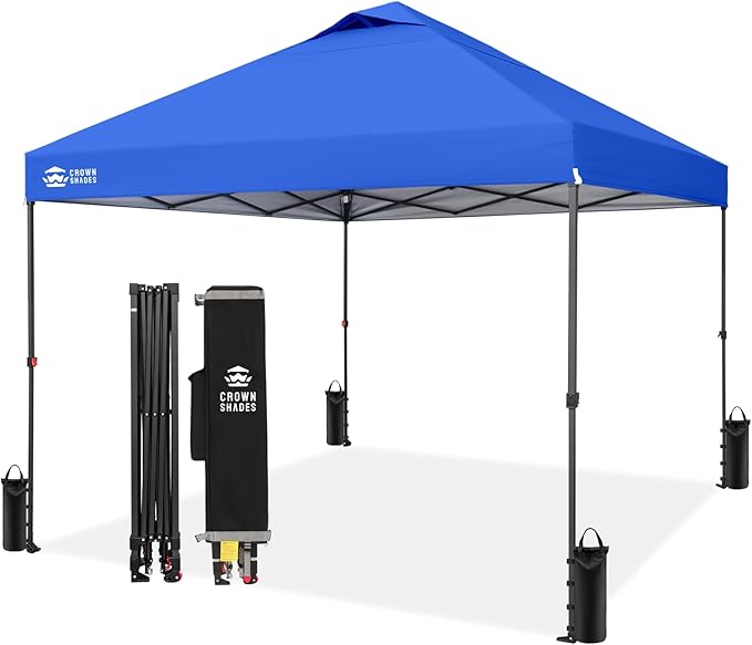 CROWN SHADES 10x10 Pop Up Canopy Tent - Patented Center Lock One Push Instant Outdoor Canopy Beach Tent with STO-N-Go Bag 8 Stakes & 4 Sand Bags，Blue
