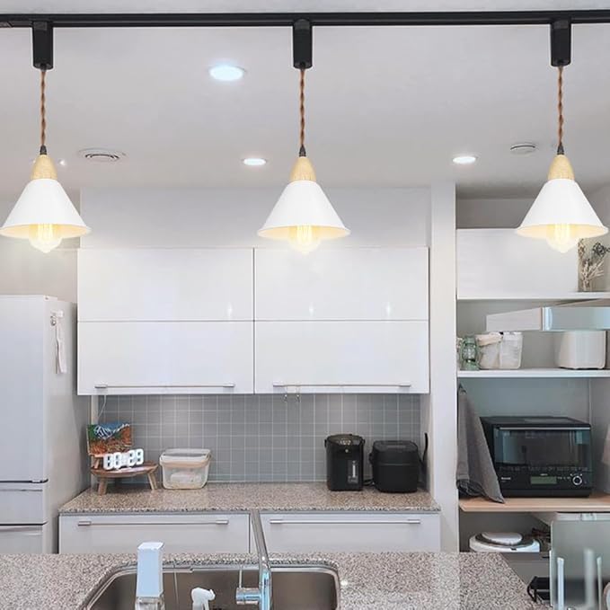 3.2-Foot Adjusted Cable H-Type Track Lamp White Metal Shade Wood Base Modern Pendant Lighting for Kitchen Dining Room 3-Pack(No Bulb, Track)