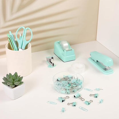 SKYDUE Teal Office Supplies Set - Desk Accessories, Stapler, Tape Dispenser, Scissors, Clips and 1000pcs Staples for Teachers