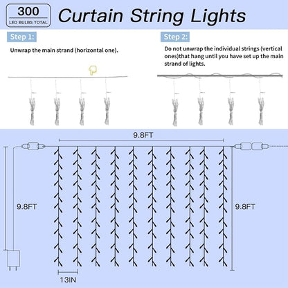 300 LED Cool White Curtain String Lights 9.8x9.8FT Plug in Fairy Lights with 9 Hooks Dimmable Timer & 8 Modes IP44 Waterproof Bedroom Office Wall Wedding Backdrop Christmas Indoor Outdoor Decor