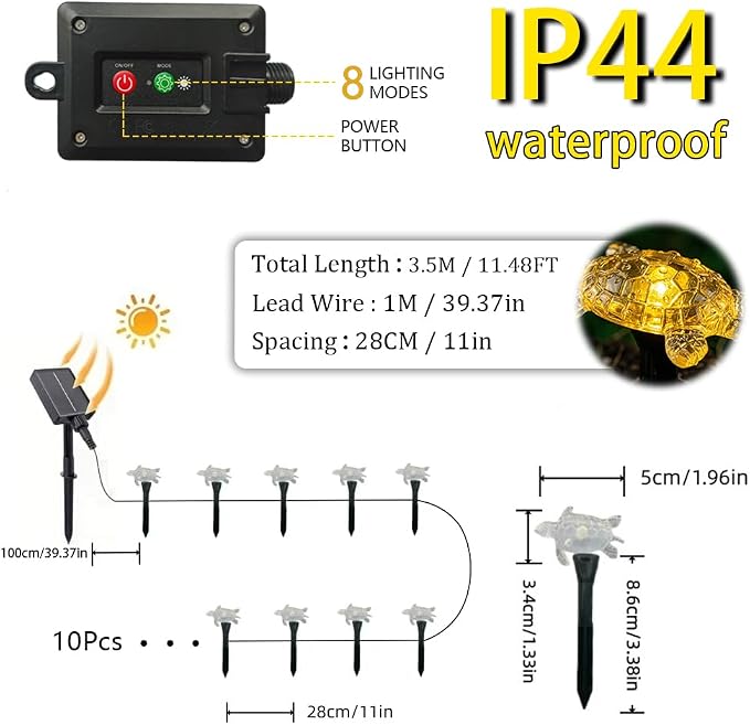 Solar Lights Outdoor, 10 LEDs Turtle String Light, 11.5 ft Waterproof Patio Landscape Lighting, Garden Decor for Yard, Warm White